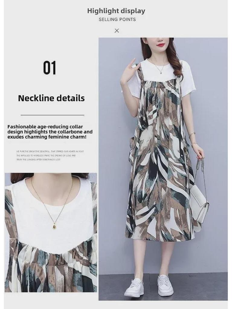 Korean Style Casual Pinafore Dress Set: Loose, Slimming, and Gentle Two-Piece with Short Sleeves