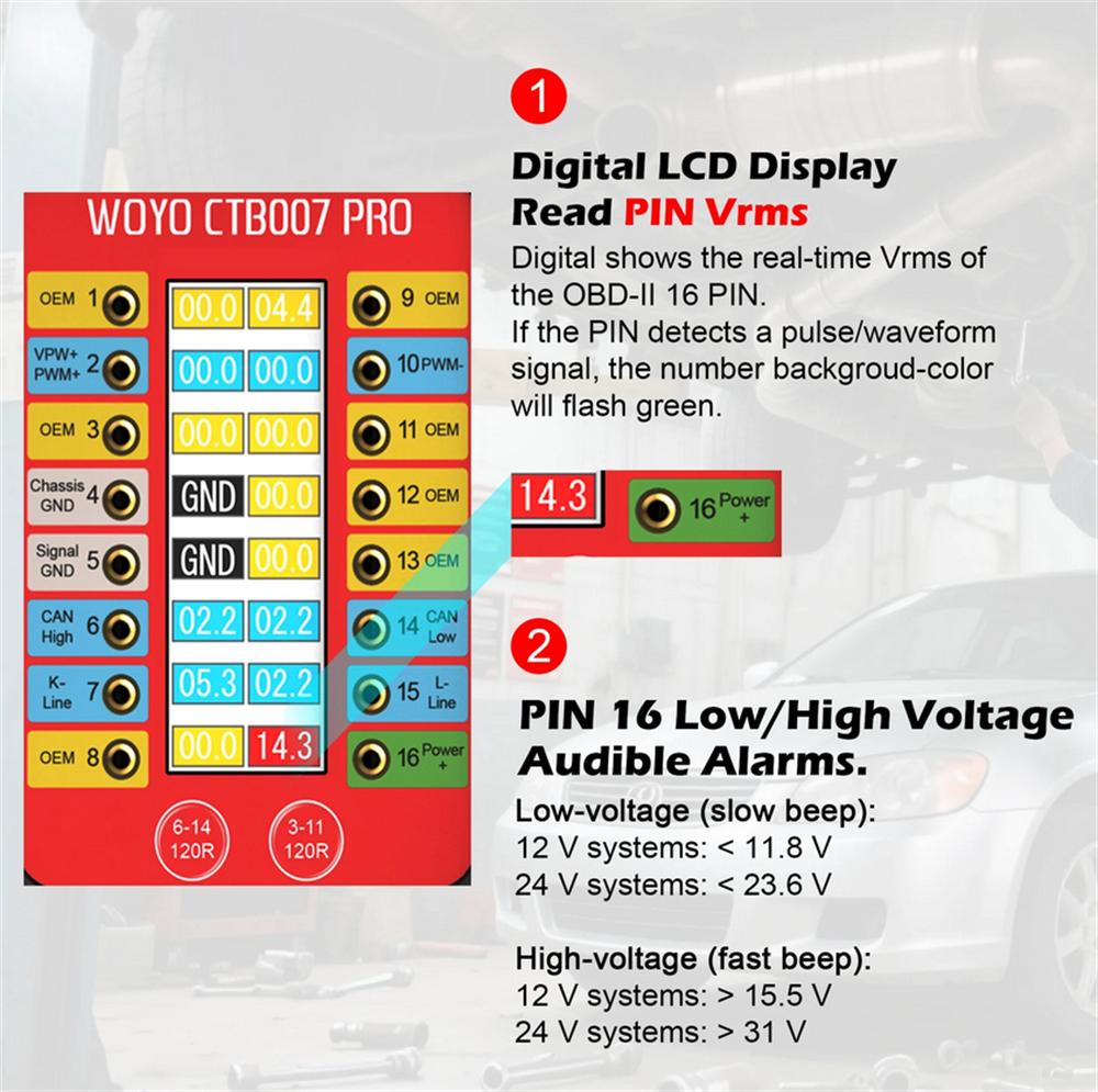 WOYO CTB007PRO OBD2 Universelle Starthilfe-Box Digitales Display Break-Out-Box mit 70cm Verlängerungskabel
