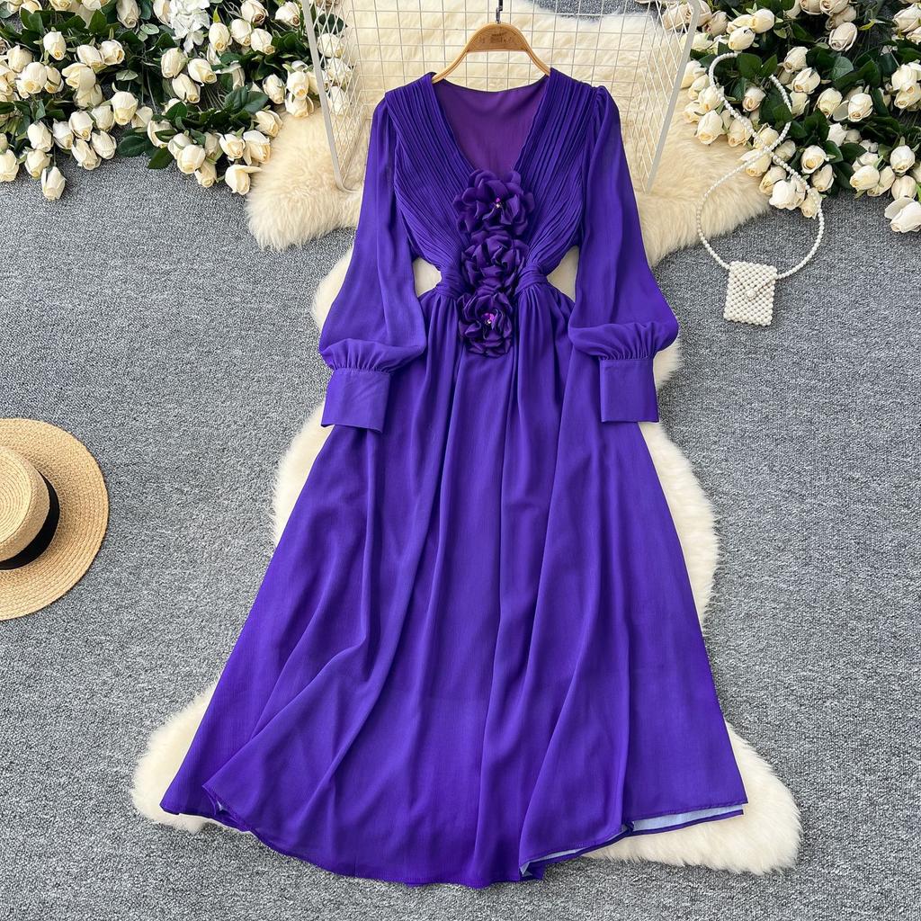 French Retro V-neck Three-dimensional Flowers Lantern Sleeve Dress Women's Waisted Temperament Swing Knee-length Elegant Long Dress