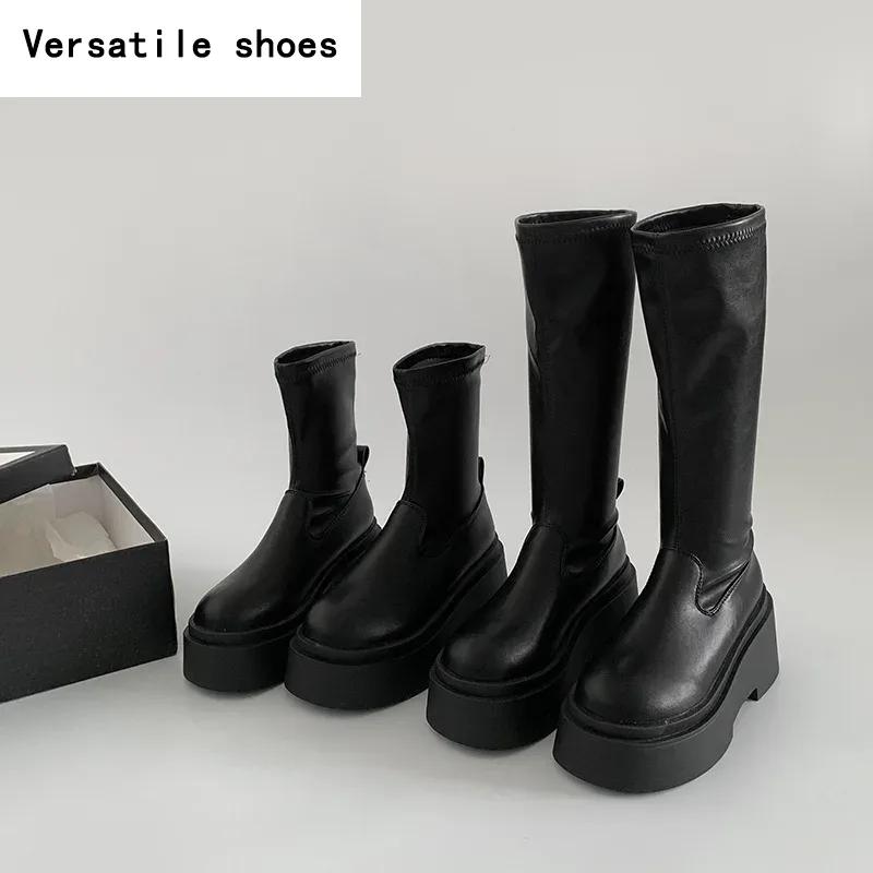 Streetový styl Podzim Zima Dlouhé Kozačky po Koleno Dámské Módní Platforma Vysoké Podpatky Boty Nazouvací Párty Botas Mujer