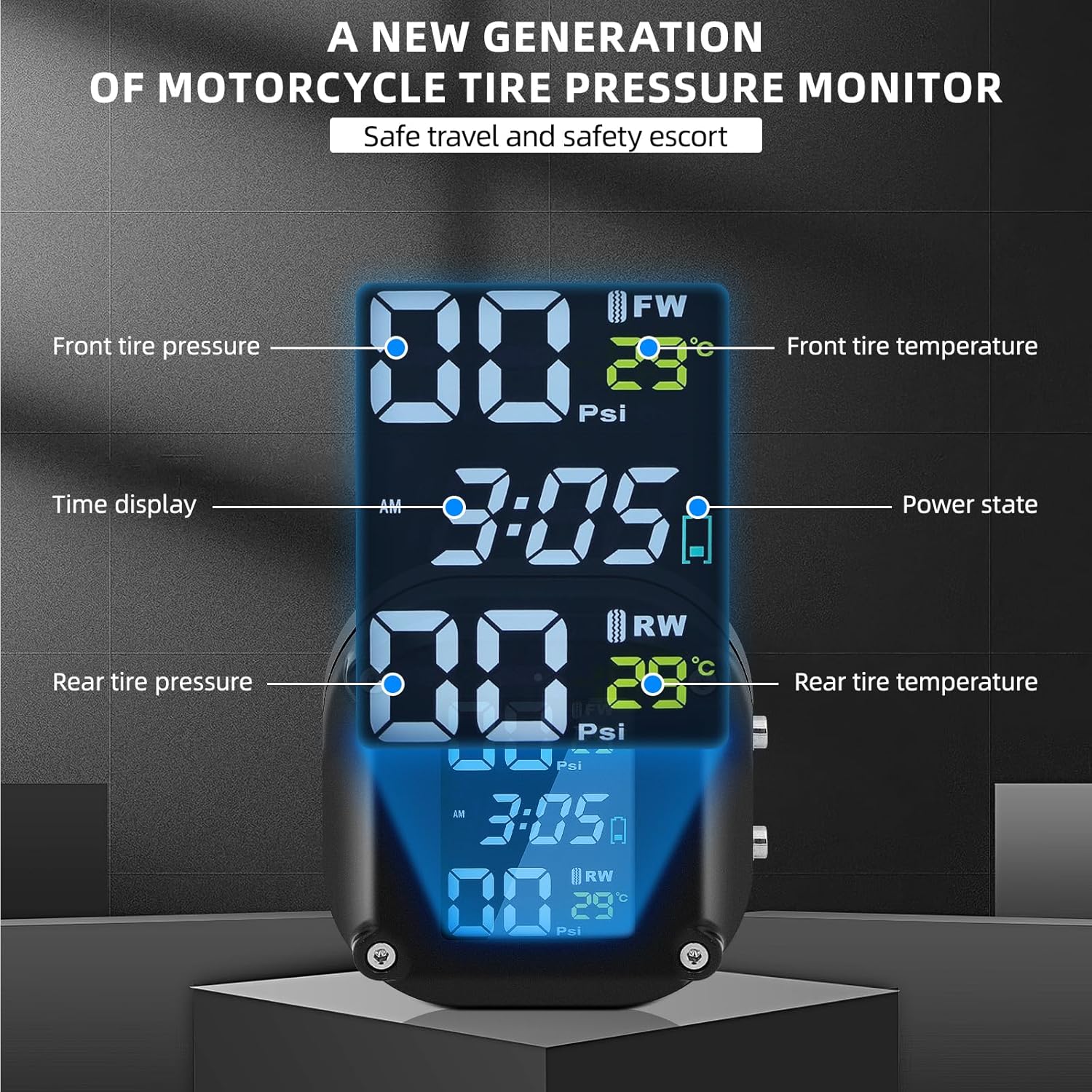Motorcycle Tire Pressure Monitoring System, Motorcycle TPMS System with 2 External Sensors, LCD Display, IP67 Waterproof Dustproof, Motorbike Tyre