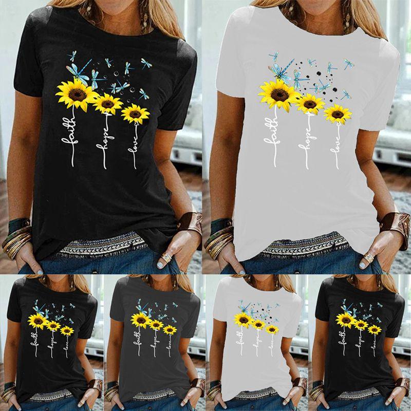 Stylish Women Floral Daisy Printed Basic T-shirt Versatile Short Sleeve Blouse For Casual Wear