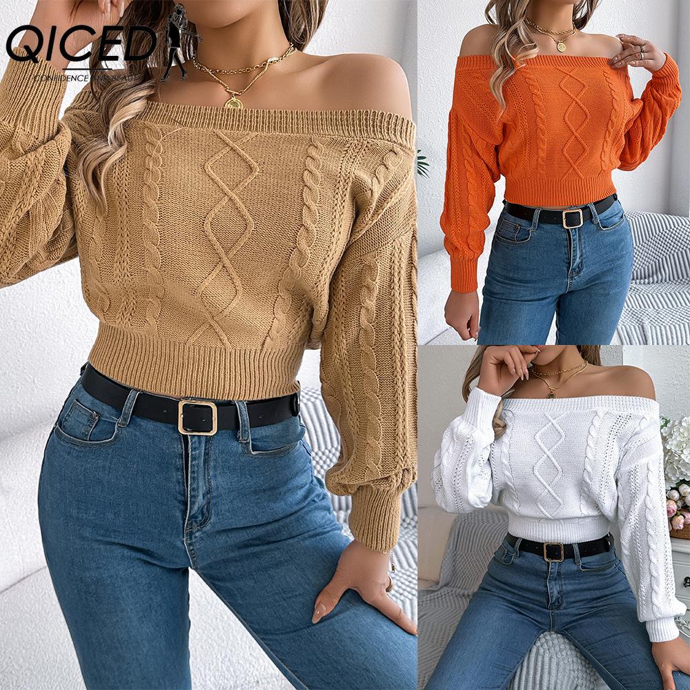 QICED Autumn and Winter Casual Solid Color One-shoulder Off-the-shoulder Long-sleeved Pullover Sweater Women's Wear