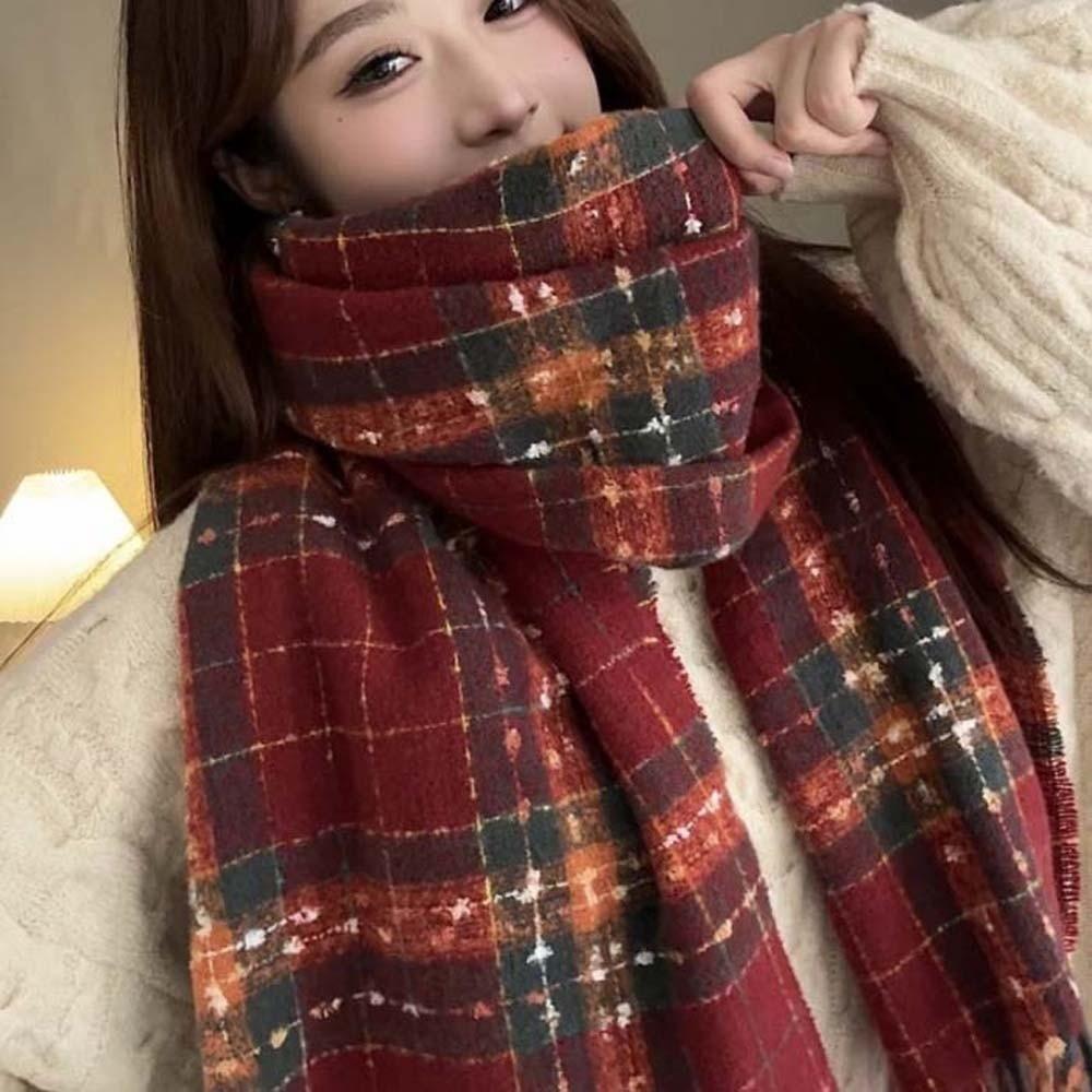 Classic Long Tassel Neckscarf Soft Women Thickened Scarf Soft Plaid Knitted Scarf  Spring
