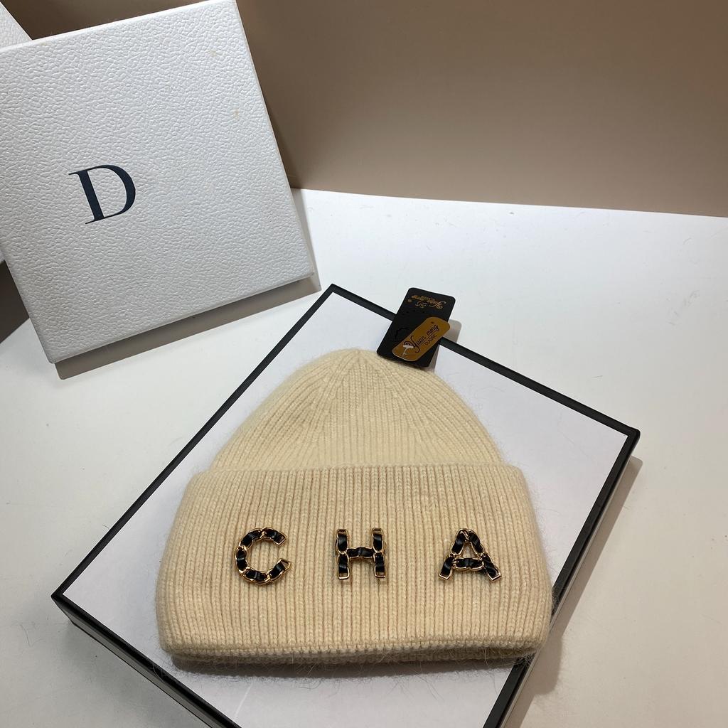 Chain Letter Cha Simple Wool Hat Winter Warm Rabbit Hair Double Fold Knitted Hat Outdoor Ear Protection