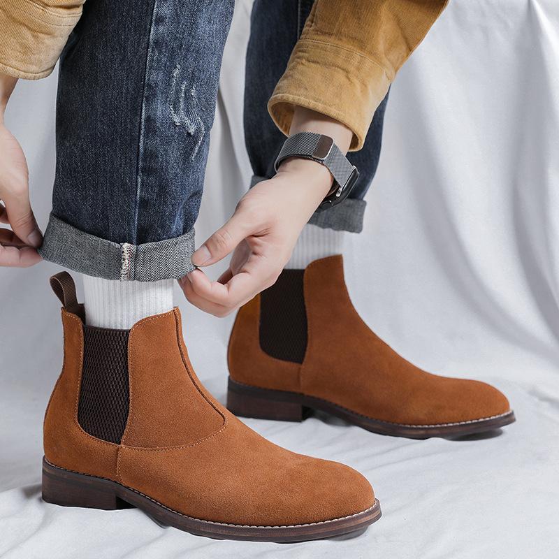 Mens Casual Chelsea Boots Breathable Cow Suede Leather Shoes Party Banquet Dress Cowboy Ankle Boot Spring Autumn Short Botas Man