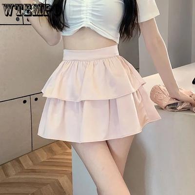 Rüschen Elastische Hohe Taille A-linie Weiß Röcke frauen Sommer Casual Solide Kurze Tutu Röcke Clubwear Streetwear