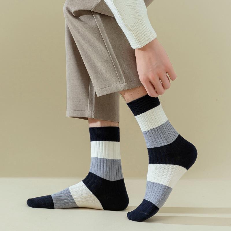 Socks Men'S Double Needle Medium Tube Socks Thickened Warm Versatile Cotton Socks Trend Striped Stockings