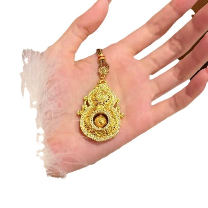 Color Preserved Diamond Studded Life's Four Beauties, Hollow Out Filigree, Rotating Gourd Pendant, Copper Gold Plated Gourd Pendant