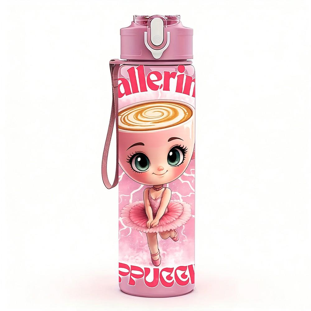 1PC Cute Ballerina Doll Cartoon Print 750ml Color Plastic Sports Water Bottle Leakproof Flip Straw Lid Suitable for Sports Office Home Use
