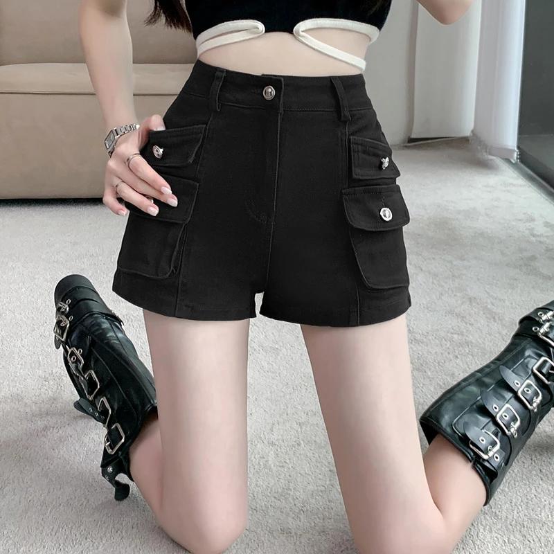 Women s High Waist Cargo Shorts, Button Detail Multi-Pocket Denim Shorts S чёрный