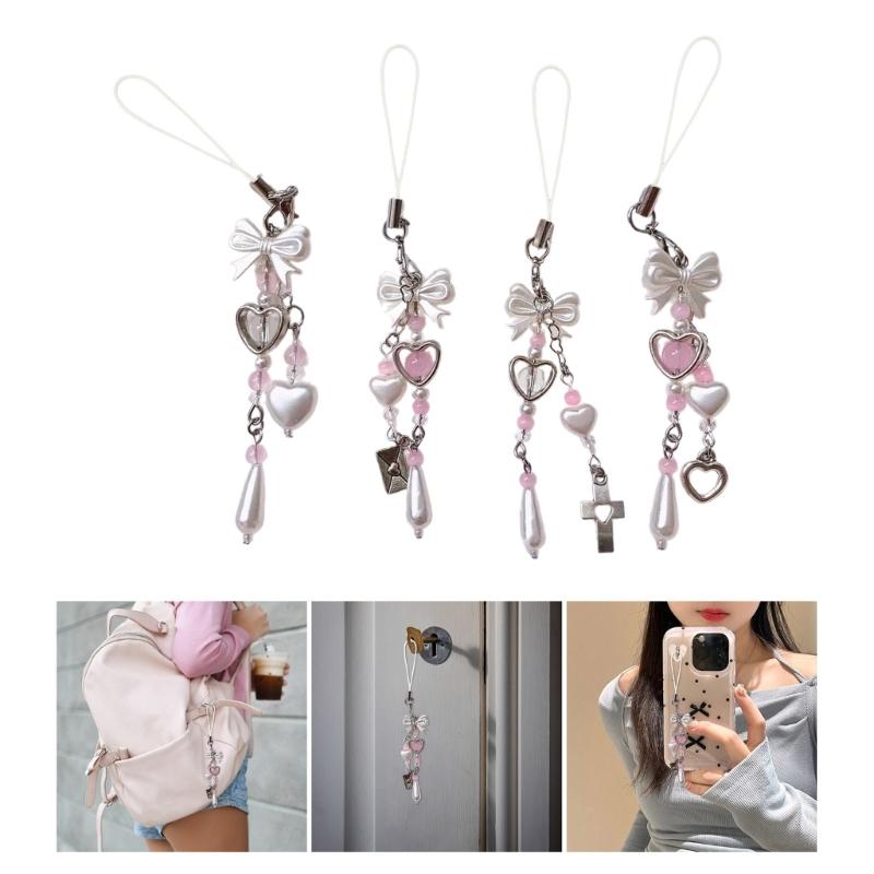 Sweet Bowknot Phone Chain Ornament Heart Beaded Cellphone Pendant Phone Lanyard Bag Ornament for Fashion Individuals