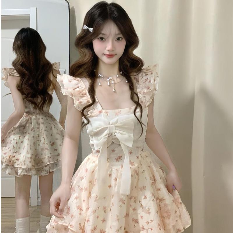 Summer New Floral Printed Bow Mini Dress Women Square Collar Fly Sleeve Sweet Vestido Women Slim A-line Robe