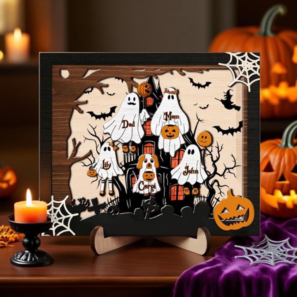 Halloween Ghost Family Sign Wooden Ghost Picture Frame Tabletop Decoration for Halloween Farmhouse Shelf Desktop Home Decor