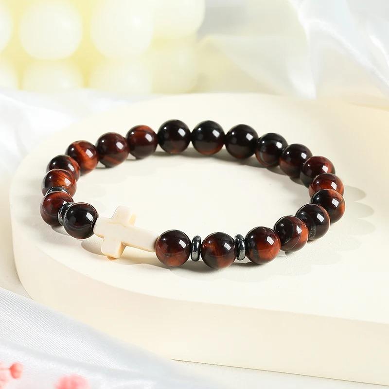 Natural Stone Bead With White Turquoise Cross Bracelets Women Men Classic Stretch Bangles Reiki Elastic Bracelet Gift