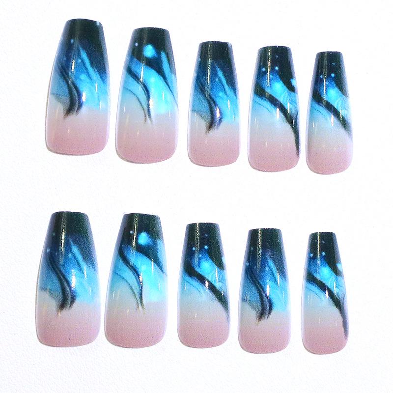 Trendy Blue Gradient Flame Medium Nail Tips – European & American Style