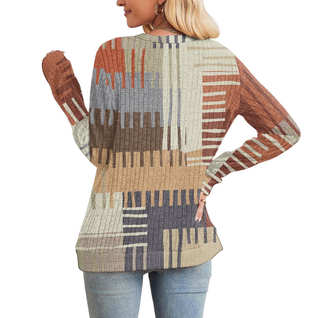 Fashionable Women's Long Sleeved Checkered Striped Printed Lightweight Sweater With Loose Round Neck Top