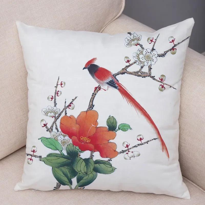 

Watercolor Floral Sparrow Decorative Pillowcase Office Living Room Car Ornaments Home Pillowcase 40x40cm