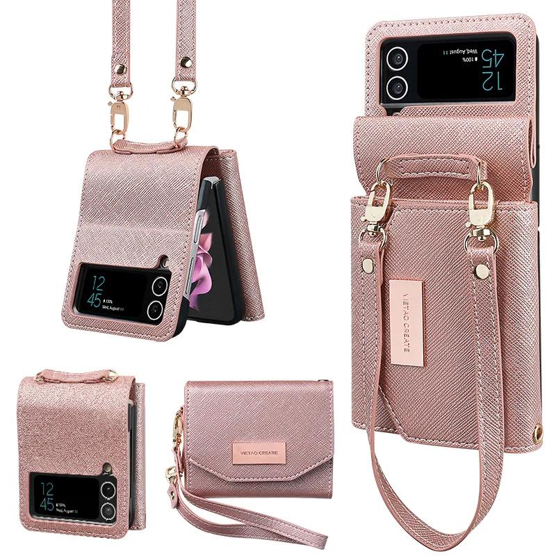 Lanyard Wallet Leather Cards Solt Case For Samsung Galaxy Z Flip 6 5 4 Flip4 5G Purse Bag Hand Strap Skin Feeling Back Cover