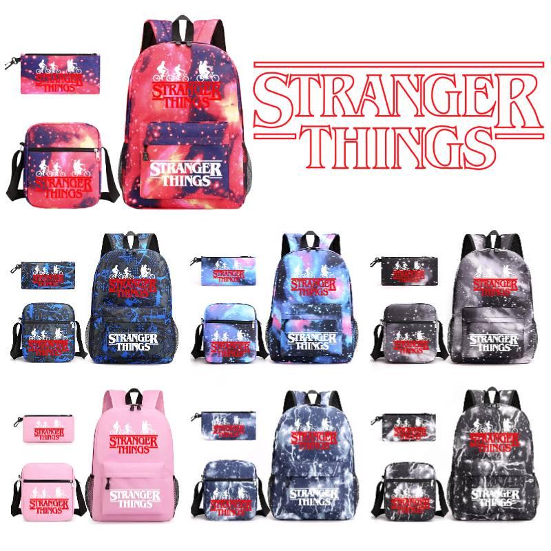 Stylish Stranger Things Canvas Backpack Set Includes Shoulder Bag And Pencil Case Perfect For Casual Travel