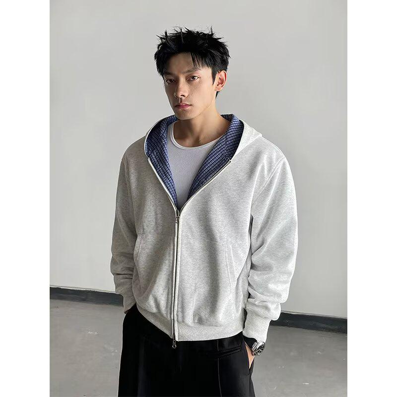 

Men s Reversible Plaid Hooded Cardigan - Autumn/Winter Korean Preppy Style Jacket XL серый