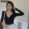 Schwarze enge Langarm schlanke sexy Sport Strickjacke Frühling Frauen V-Kragen atmungsaktiv Laufoberteil