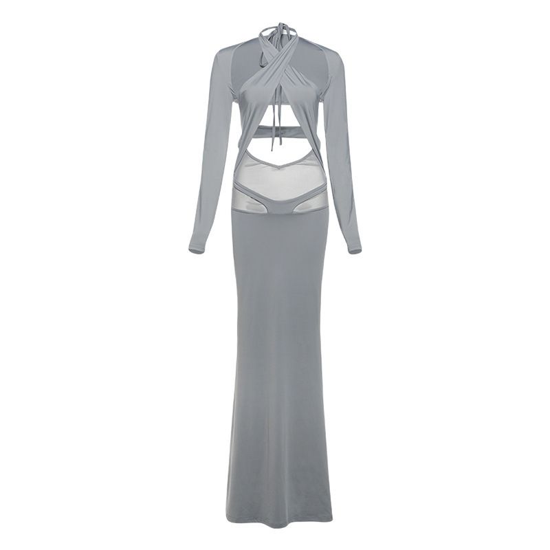 

Solid Color Hoodie with Neck Tie Dress Set Pure Color Blouse Shoelace Dress Grey L