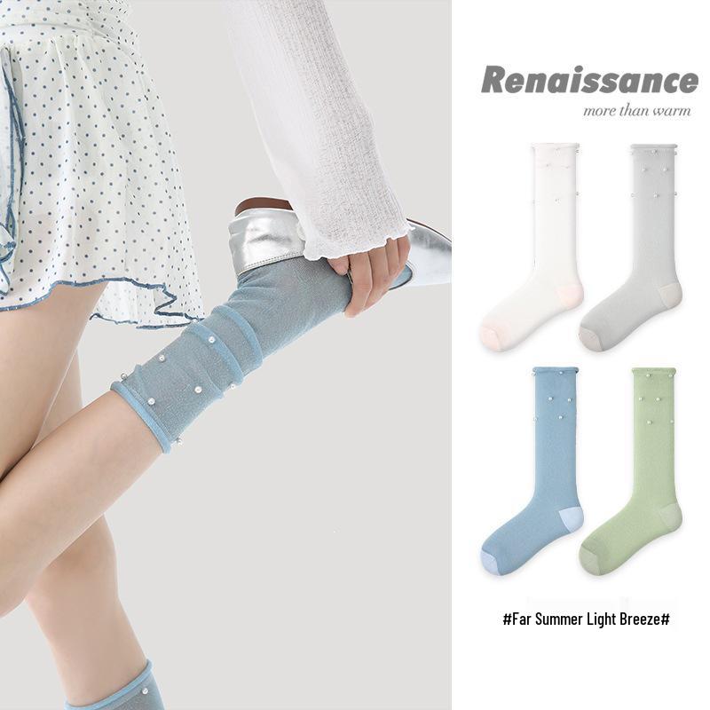Renaissance Pearl Mid-Calf Women's Socks: Original Thin, Solid Color, Puffy Ins Style.