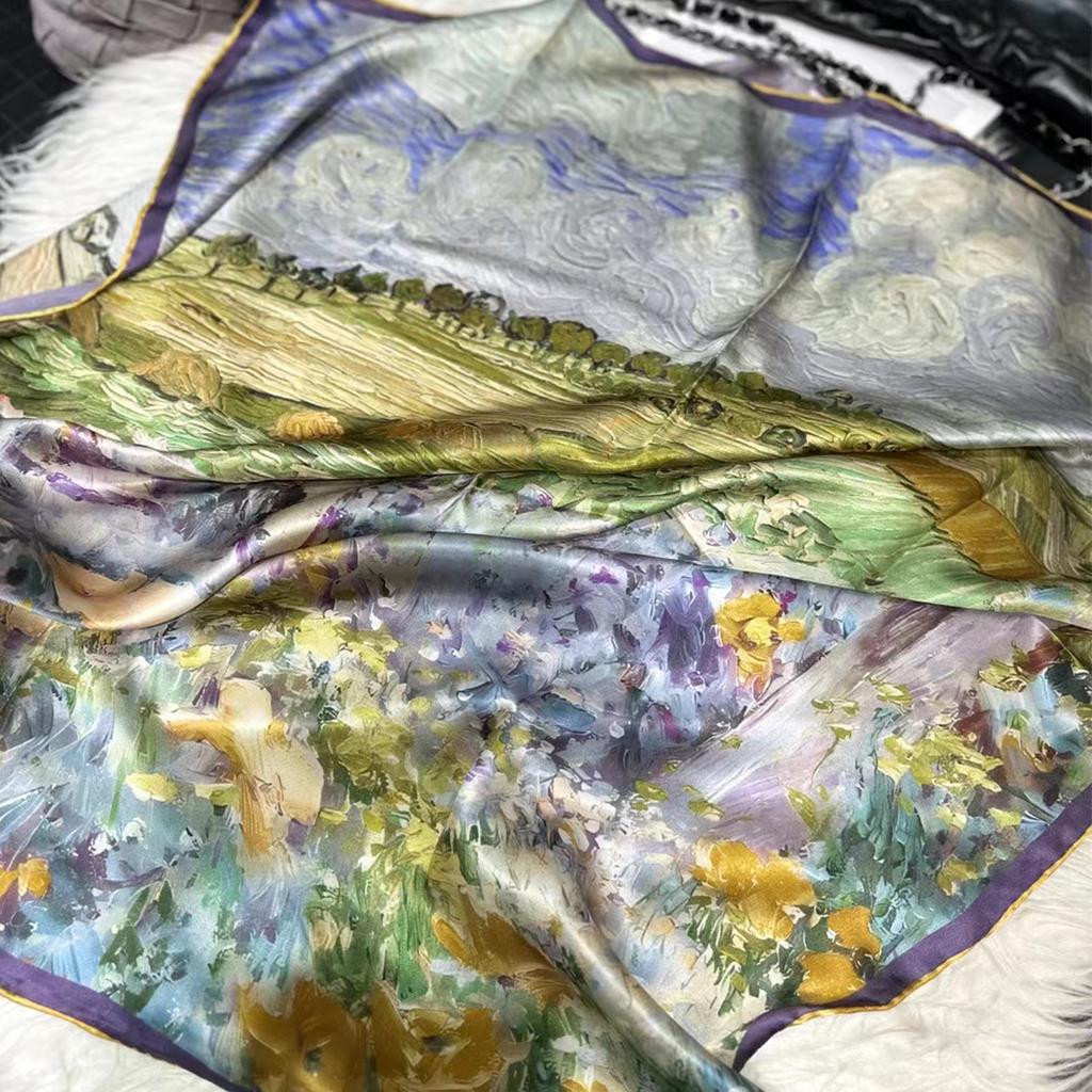 Bysifa|Blue Green Ladies 100% Silk Scarf Fall Winter Oil Painting Floral Style Large Scarves Shawls Fashion Summer Beach Cape