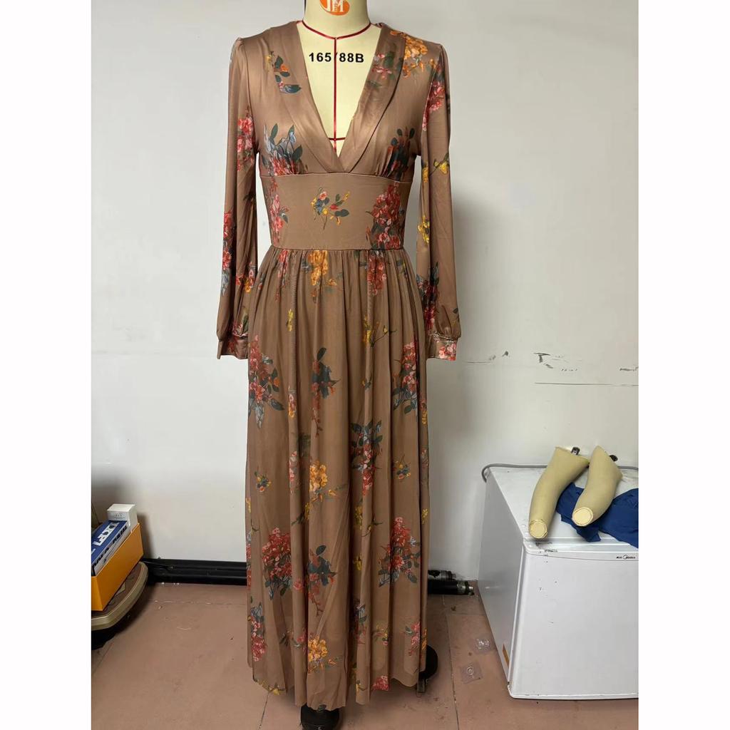 Vintage Pattern Printed High Waist Dress Casual Women V Neck Pleated Bohemian Autumn Long Sleeved Pleated