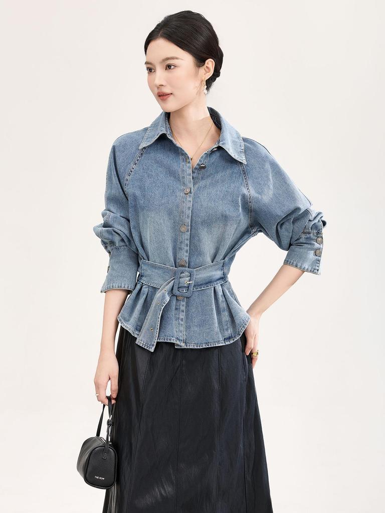 High-Quality Nanyou Retro Bleached Lace-Up Denim Shirt - Early Spring Long-Sleeved Top