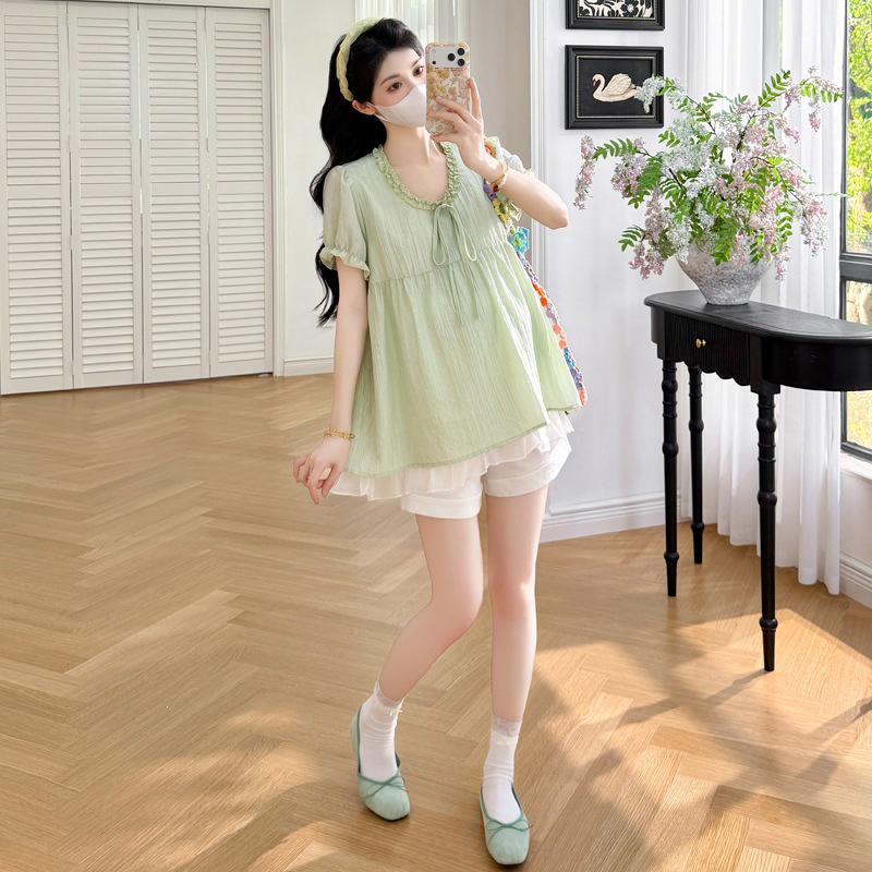 2026 Maternity Textured Lace-Up Patchwork Doll Shirt XL