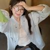 Blue Striped Bow Print Long-sleeved Shirt Women's Spring and Autumn Design Sense Niche Loose Shirt All-match Blouse Trend