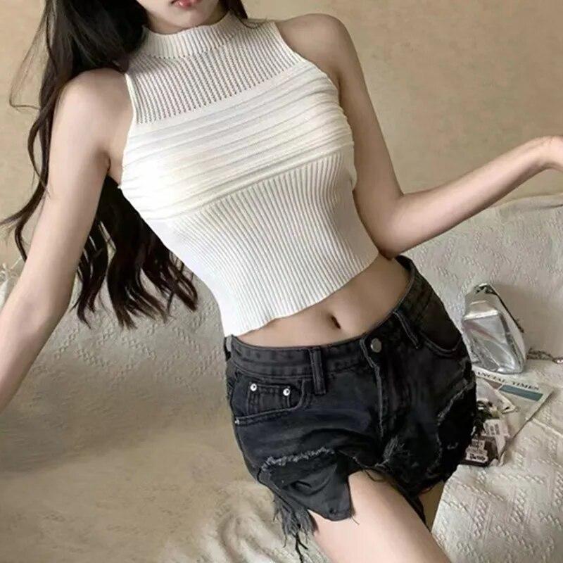 Women's Knitted Vest Crop Tops Fashion Solid Sleeveless Half High Collar Slim Sexy Camisole Casual Tank Top Knitwear Streetwear