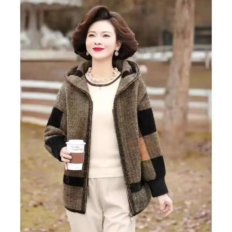 Women's Winter Plus Size Hooded Coat Middle-Aged & Elderly Autumn Elegant Casual Double-Faced Fleece Wool Coat