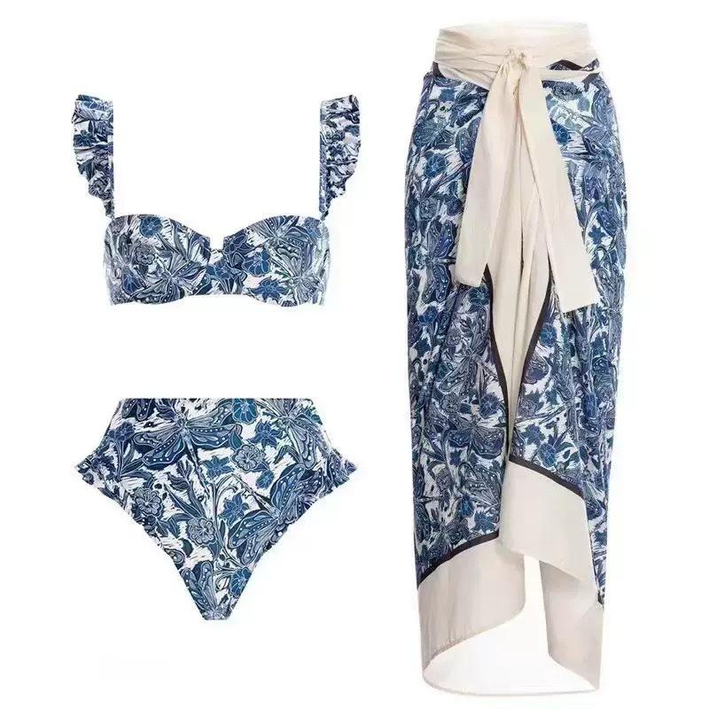 TS JYL-BK042 Ruffle One-Piece Swimsuit, Vintage Print Beach Dress Swimwear For Ladies L