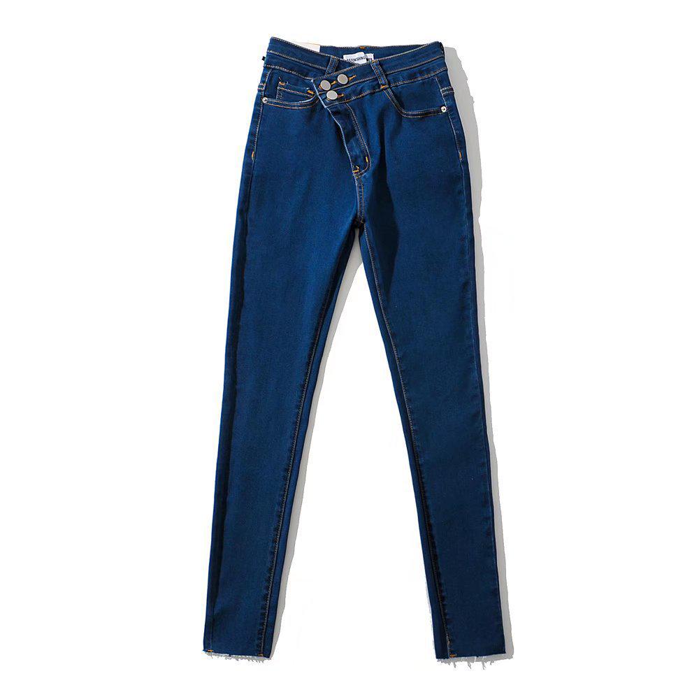 American Spicy Girl High-Waisted Skinny Pencil Jeans with Irregular Slanted Button Design Medium