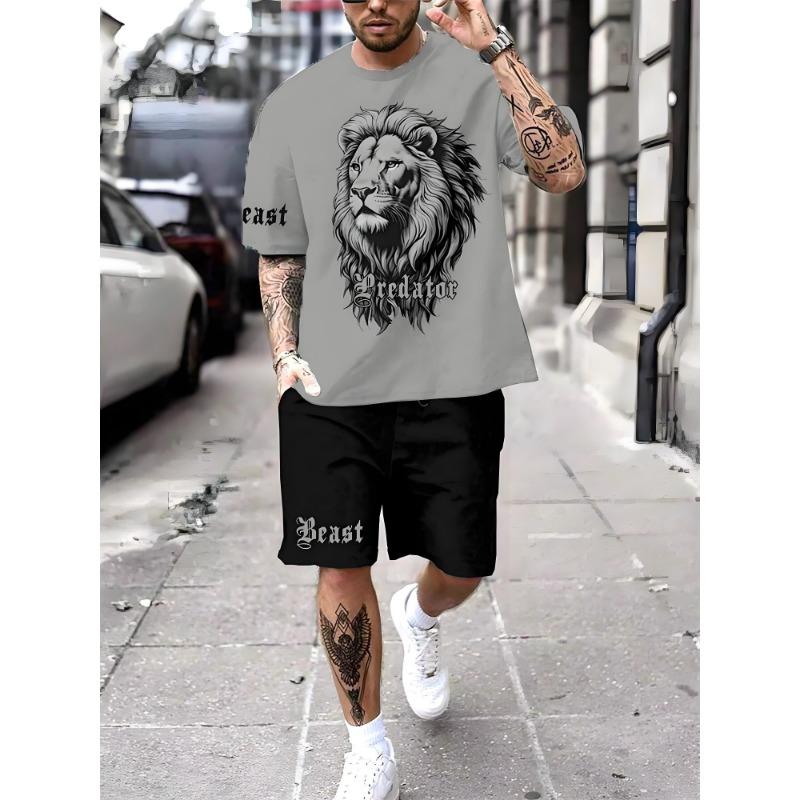 Modisches Löwen Tiger Tier Grafik T-Shirt Shorts Set Sommer Kurzarm Oberteil Kordelzug Shorts 2-teiliges Set Herren Sportbekleidung Anzug