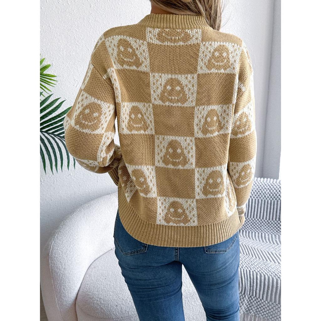 HNXC Autumn Winter Halloween Checkered Lantern Long-sleeved Pullover Sweater Women's Clothing