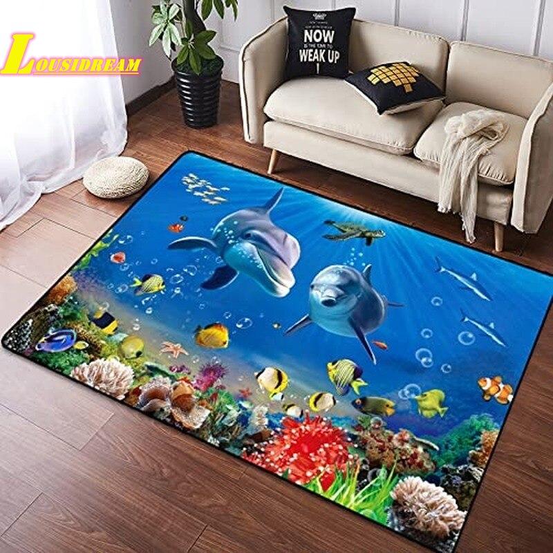 Underwater World Carpet Ocean Carpet Cute Dolphin Pattern Anti-slip Floor Mat Living Room Bedroom Sofa Children's Room Carpet