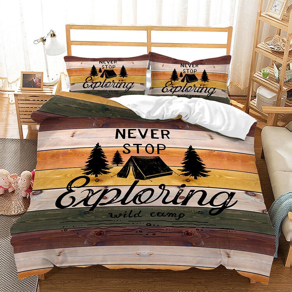 Exploring Wild Camp Happy Camper Striped Camping Doona Duvet Quilt Cover Bed Set