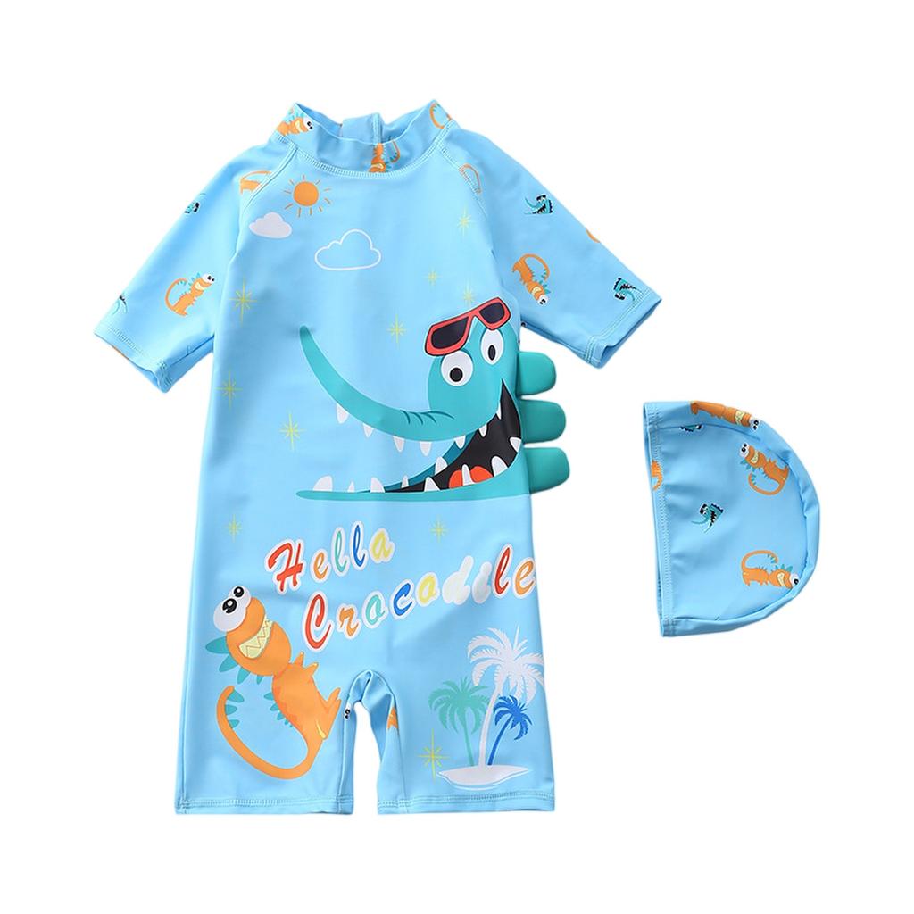 Boys Short Sleeve Hooded One-Piece Swimsuit Cartoon Dinosaur Print Beach Swimwear Summer Kids Swim Shirt with Matching Swim Cap