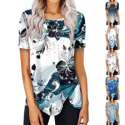 Women's Summer Short Sleeve Round Neck Side Button Print Top
