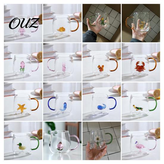 Wiederverwendbarer Glasbecher Handgefertigt Tierpflanzenform Transparent Wassertexturiert Trinkbar Niedlich Kaffee Milchgetränk mit buntem Griffbasis Becher