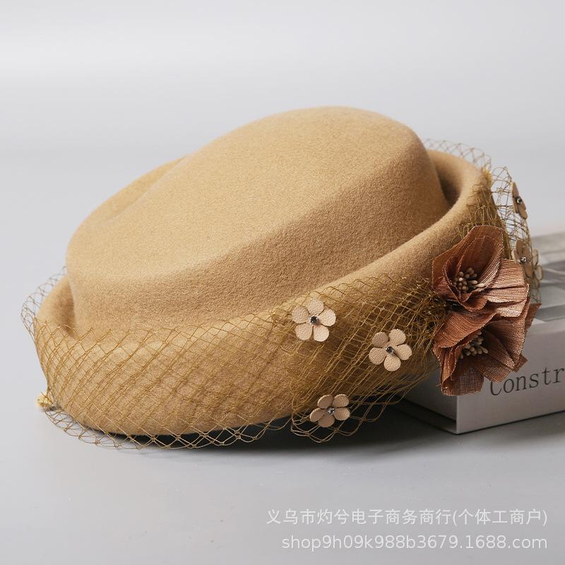 New autumn and winter boutique stewardess hat elegant mesh painter hat Australian pure wool warm felt personalized beret