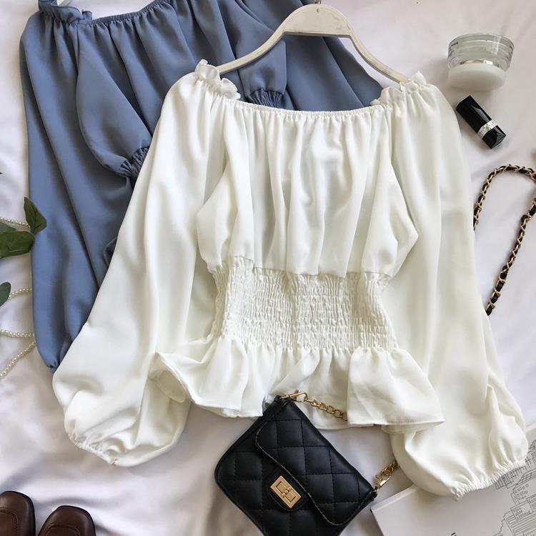 One Shoulder Off Shoulder Chiffon Shirt for Women In Spring and Autumn Women's Waist Cinched Ruffle Edge Shirt