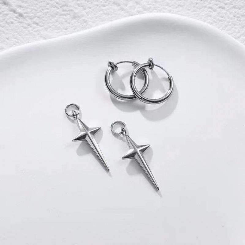 Unisex 3D Four-Pointed Star Cross Ear Clips - Non-Piercing Hip Hop Punk Style in Titanium Stainless Steel