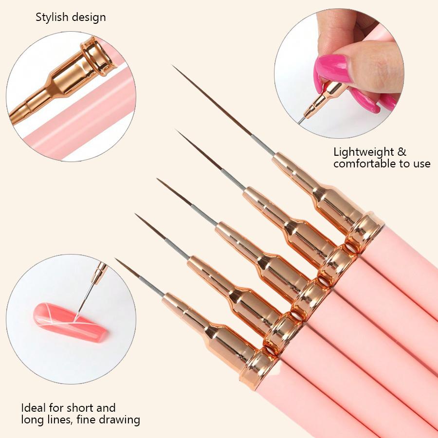 5Pcs Nail Art Liner Brush Set, French Stripe Line Painting Drawing Flower Pen for Acrylic & Gel Polish Manicure Tool