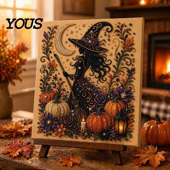 Rękodzieło Mozaikowe DIY dla Dorosłych Halloweenowy Zestaw Artystyczny z Sztucznymi Perłami, Strasznie Urocze Rzemiosło Malowania Koralikami 3D, Relaksujące Sztuki Gotycki Duch Dynia Kot Wrona Ściana Dom