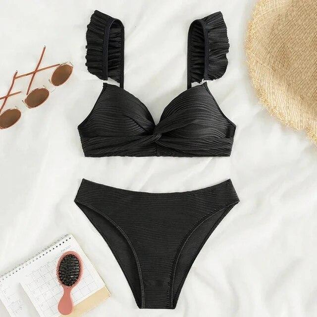 Sexy Khaki Ribbed Swimwear High Waist Bikinis Set Ruffled Swimsuit Cross Bandage Bathing Suit Brazilian Bikini Bather